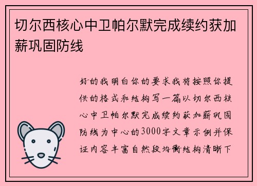 切尔西核心中卫帕尔默完成续约获加薪巩固防线