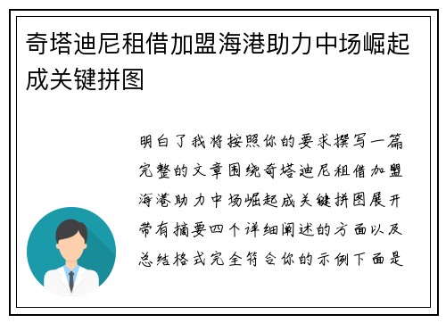 奇塔迪尼租借加盟海港助力中场崛起成关键拼图 奇塔迪尼租借加盟海港助力中场崛起成关键拼图