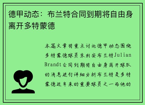 德甲动态:布兰特合同到期将自由身离开多特蒙德 德甲动态:布兰特合同到期将自由身离开多特蒙德